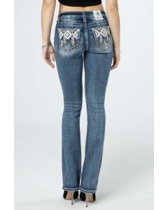 Women's Miss Me Aztec Hanging Feathers Mid-Rise Slim Bootcut