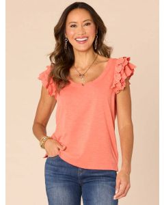 Women's Democracy Sleeveless Double Ruffle Shoulder Notched Scoop Neck Tee